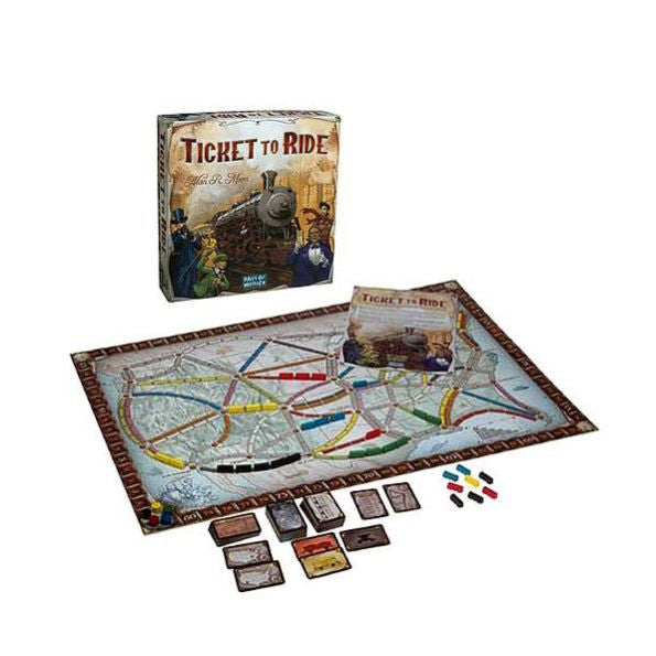 Board game set including 'Ticket to Ride' with map, cards, and train tokens on a white background