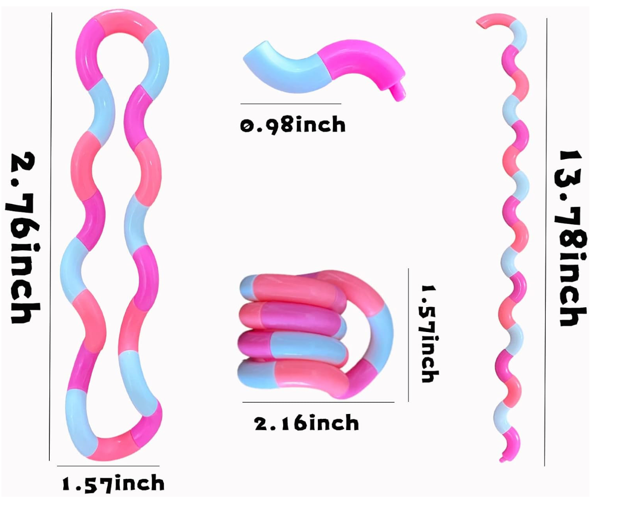 Multicolored twisty fidget toys shown in various shapes and color combinations, designed for sensory play and stress relief