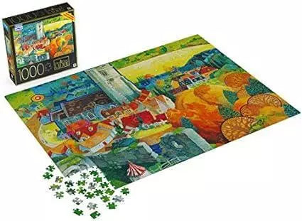 Box cover of A View from Corfe Castle, Dorset 1000-piece puzzle featuring a stunning landscape of the historic Corfe Castle ruins and surrounding countryside.