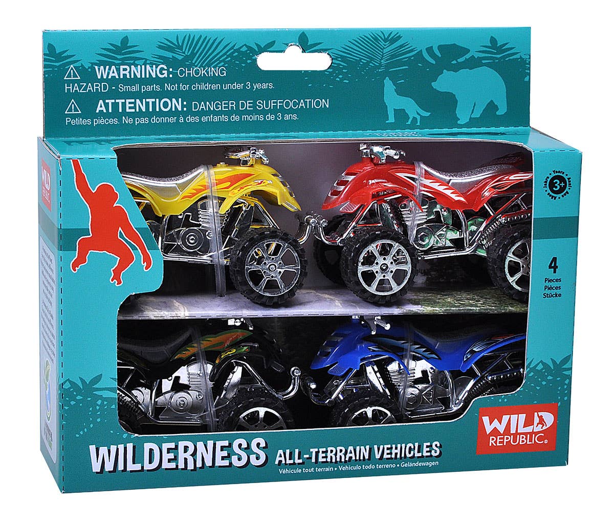 Action ATV Wilderness Set by Wild Republic featuring four colorful all-terrain vehicles with friction motors, designed for adventurous play.