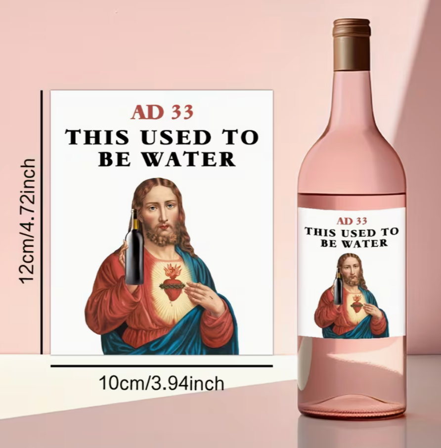Wine bottle label size guide showing “AD 33 This Used to Be Water” design applied to bottle with dimensions