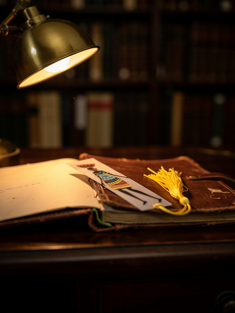 acrylic bookmark with African woman illustration and gold tassel resting on a vintage wooden desk