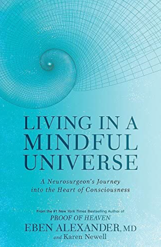 Book cover of 'Living in a Mindful Universe' with a blue background and circular design.