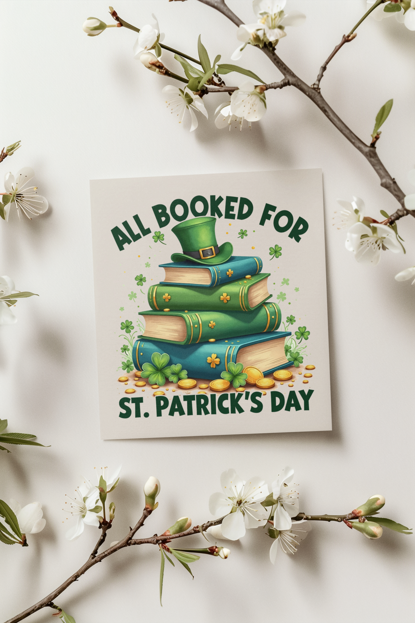 Book-Themed St. Patrick’s Day Postcard – All Booked for St. Patrick’s Day (4.25" x 4.25", Blank Back)
