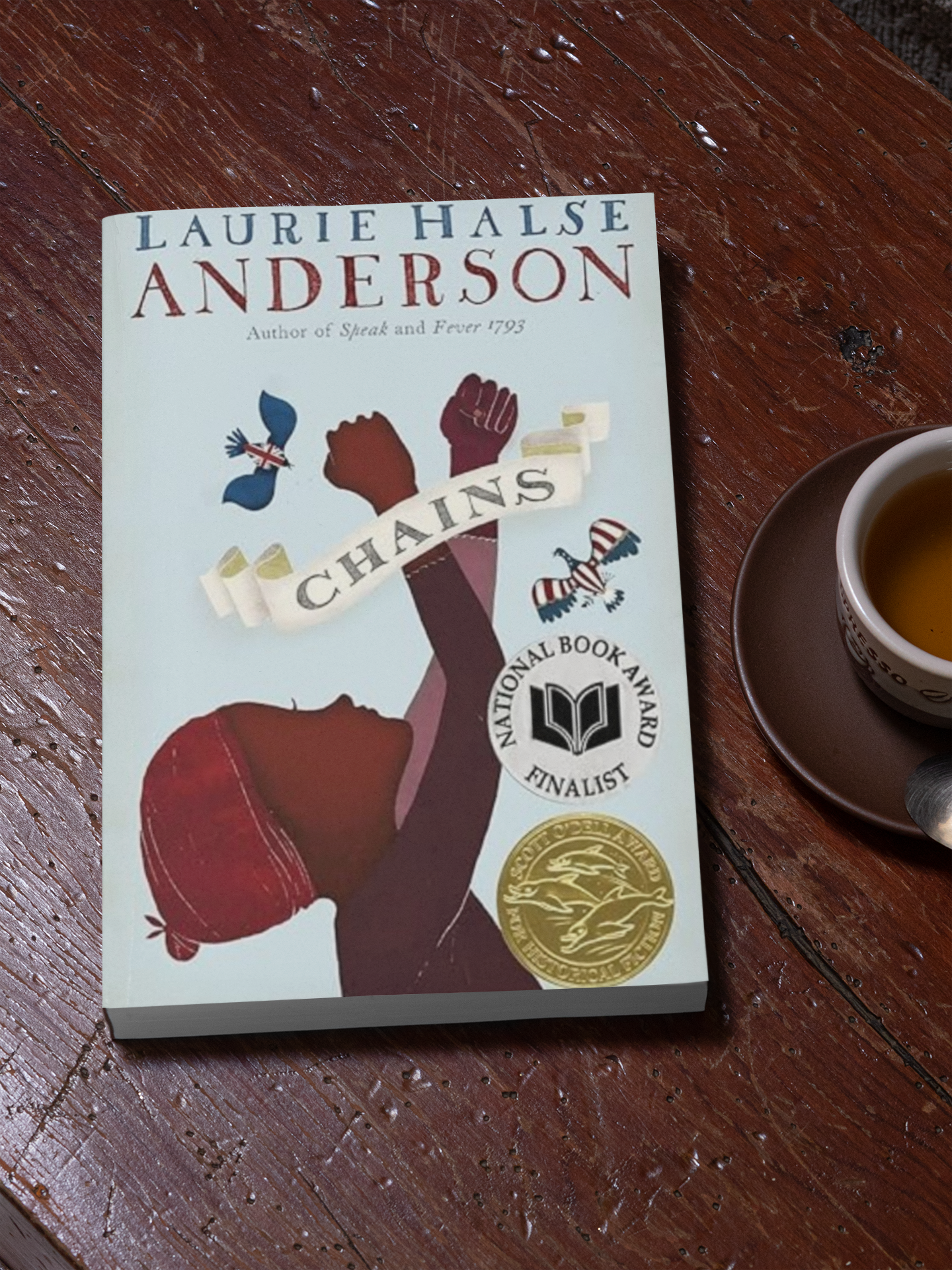 Paperback copy of Laurie Anderson’s Chains, very good used condition, a historical fiction novel about the American Revolution.