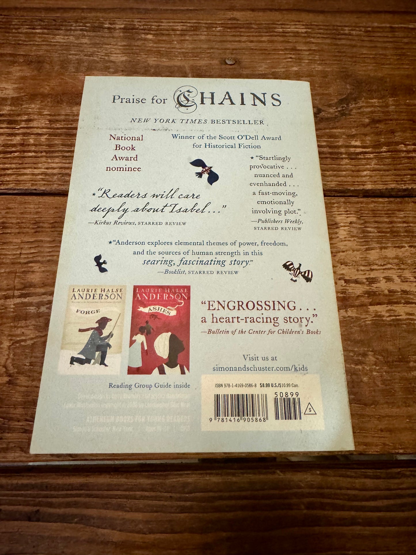 Paperback copy of Laurie Anderson’s Chains, very good used condition, a historical fiction novel about the American Revolution.