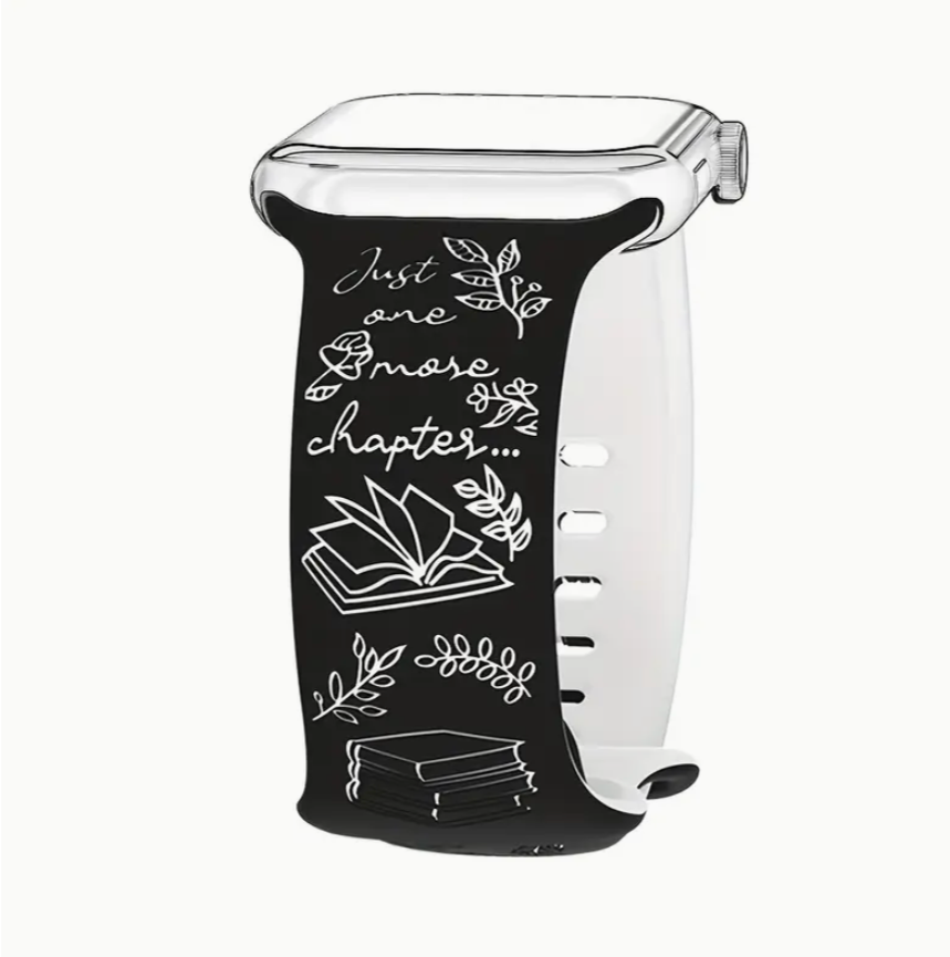 Black watch strap with white text and book illustrations on a white background