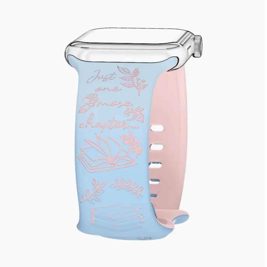 Light blue water bottle with pink accent and 'Just one more chapter' text on a white background
