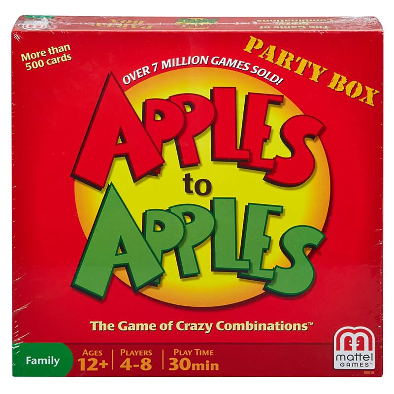 Box of Apples to Apples board game with colorful red and green card decks—fun for family game nights and parties.