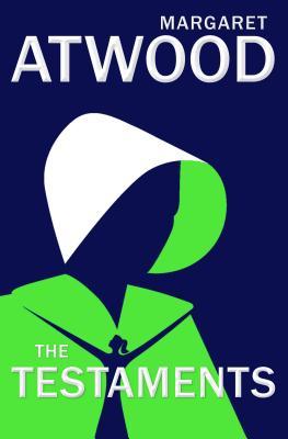 "Front cover of The Testaments by Margaret Atwood, featuring a minimalist green design with a cloaked figure in white."