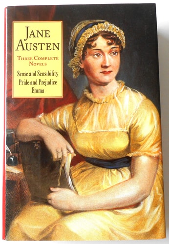Cover of Three Complete Novels by Jane Austen, featuring Sense and Sensibility, Pride and Prejudice, and Emma, a collection of classic literature.