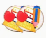Pair of hook earrings featuring a red apple, yellow pencil, and a banner reading Best Teacher, colorful appreciation jewelry for educators