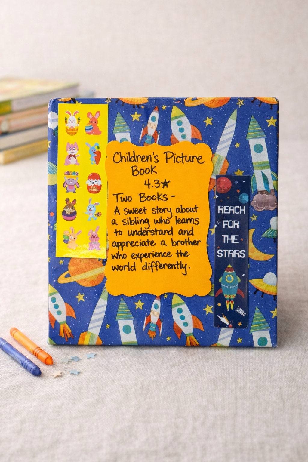 Wrapped Blind Date with a Book set featuring two children’s picture books about sibling relationships and understanding differences