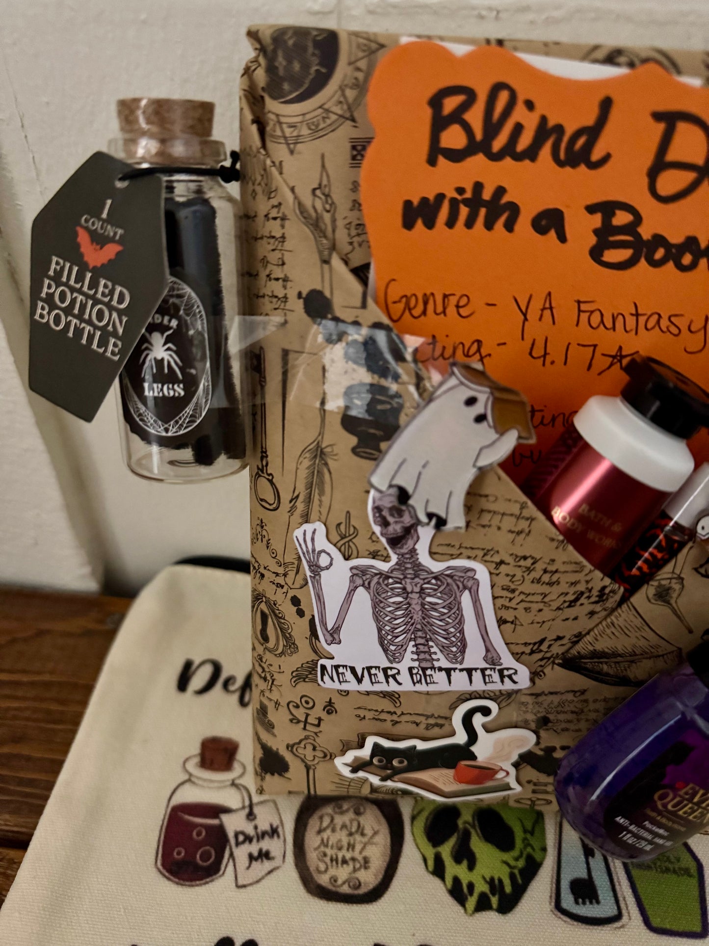 Book with decorative elements and a bottle labeled 'Filled Potion Bottle' on a surface.