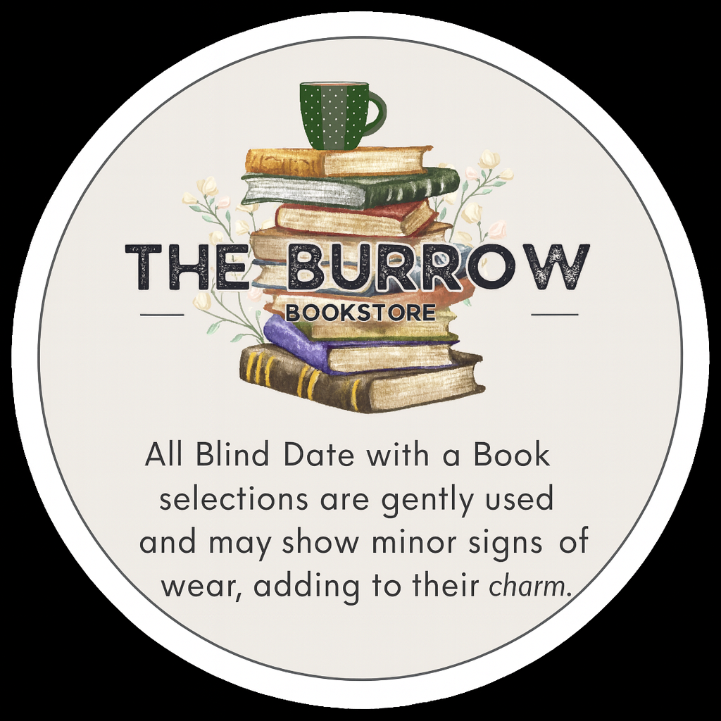 Circular logo for 'The Burrow Bookstore' with books and a mug illustration.