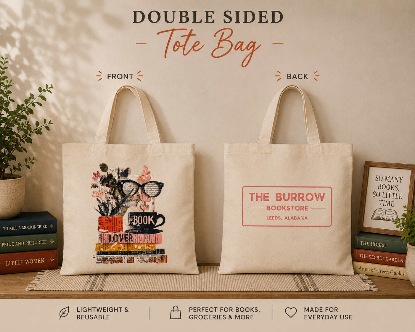 Natural canvas double-sided tote bag featuring a vintage-style book stack with coffee cup, flowers, and glasses on the front and The Burrow Bookstore logo on the back.