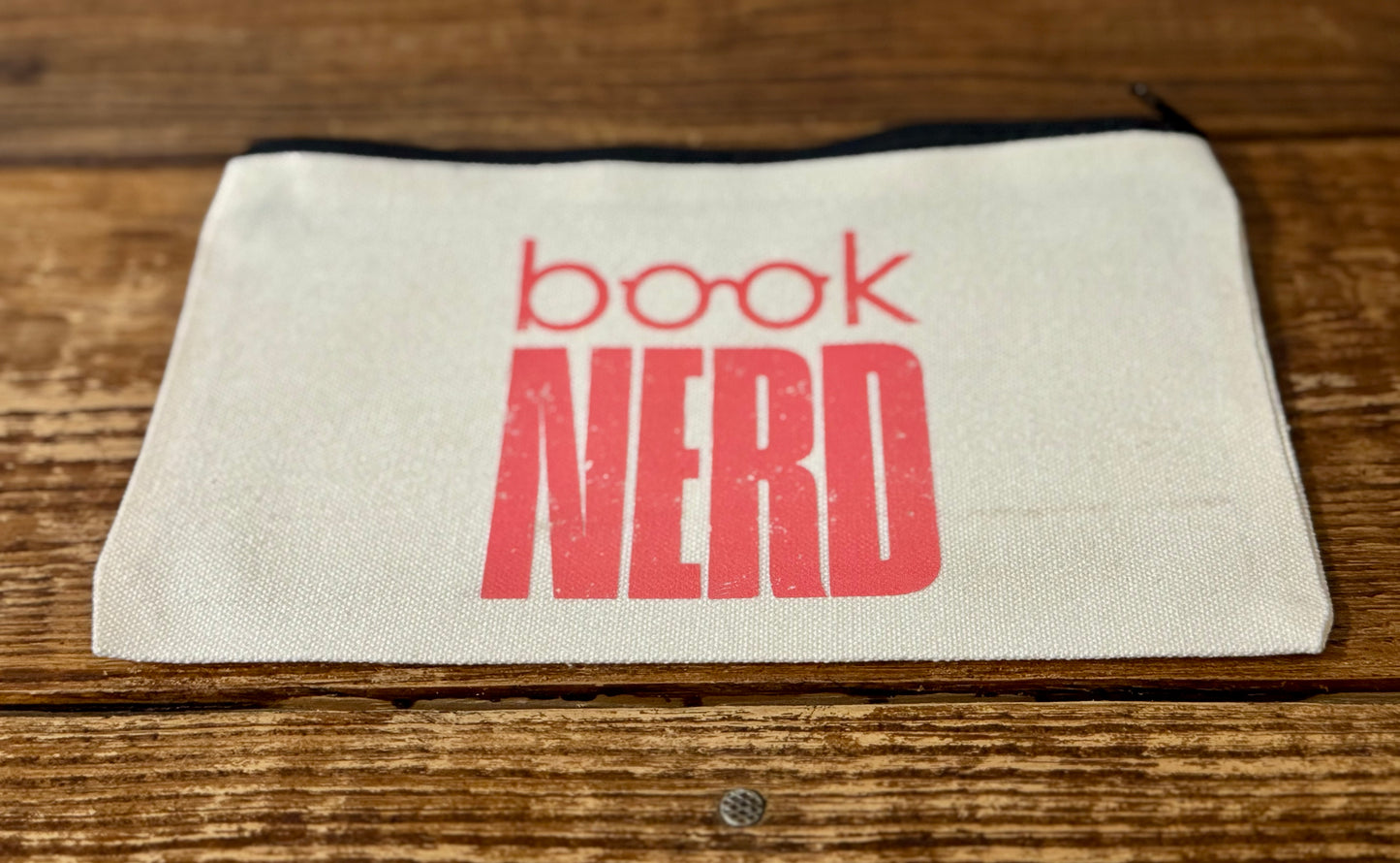 5"x8" zippered carry-all bag featuring the phrase Book Nerd, perfect for book lovers to store essentials, accessories, or small treasures.