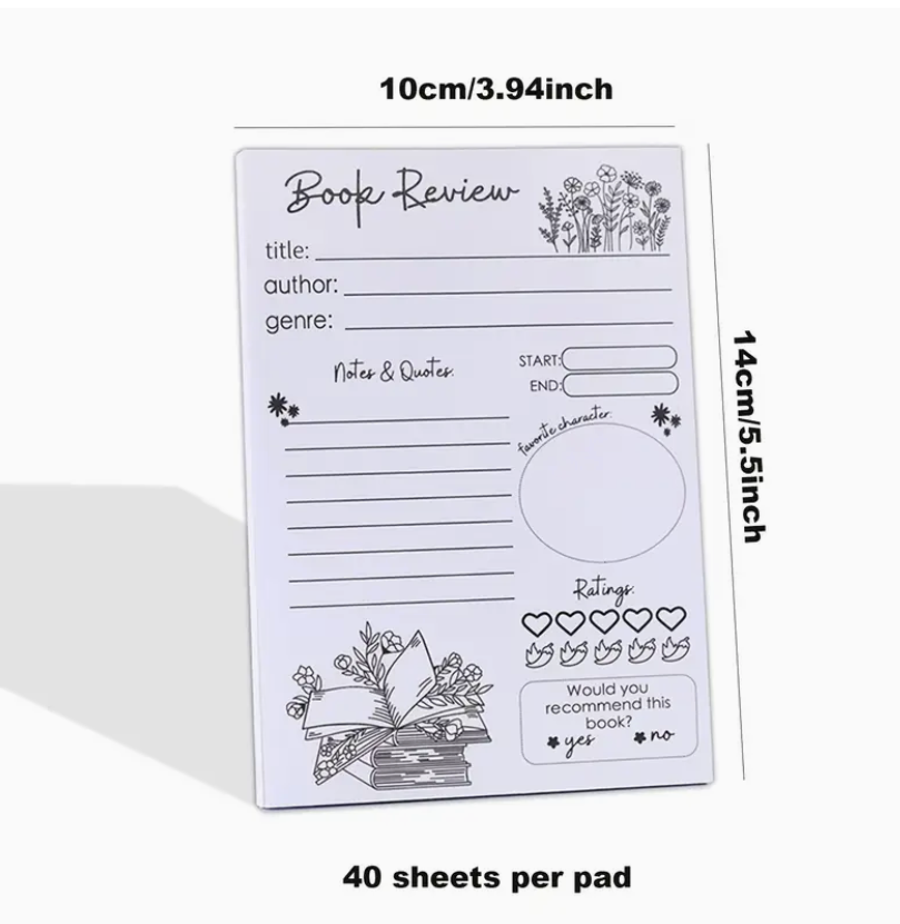 A 5.5 x 3.9-inch self-adhesive Book Review Notepad with 40 sheets, designed for tracking book title, author, genre, reading dates, notes, quotes, ratings, and recommendations.