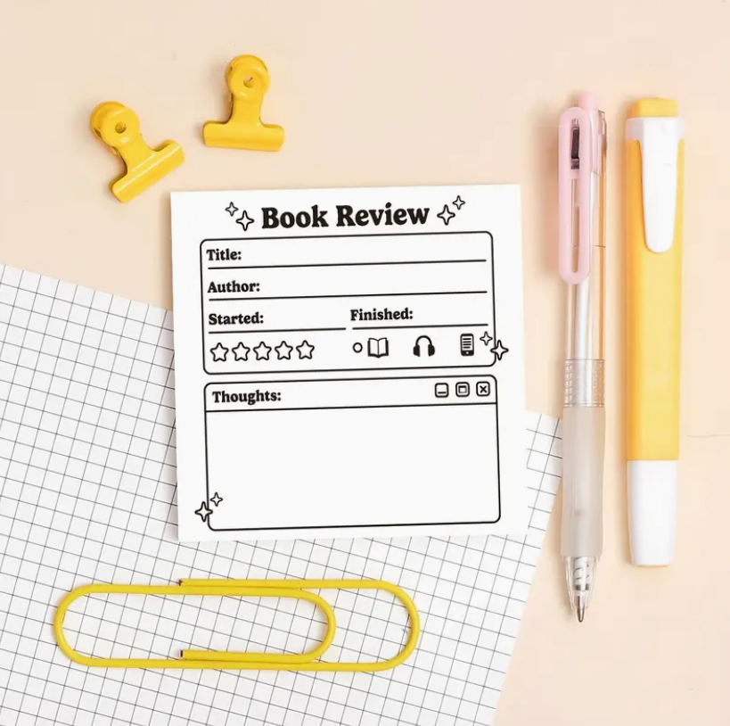 A 100-sheet self-adhesive Book Review Notepad designed for tracking book title, author, start and end dates, personal thoughts, quotes, and detailed ratings for overall impression, plot, pacing, characters, ending, and writing style.
