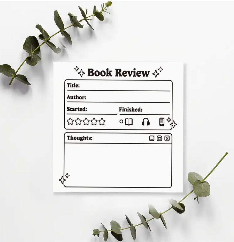 A 100-sheet self-adhesive Book Review Notepad designed for tracking book title, author, start and end dates, personal thoughts, quotes, and detailed ratings for overall impression, plot, pacing, characters, ending, and writing style.