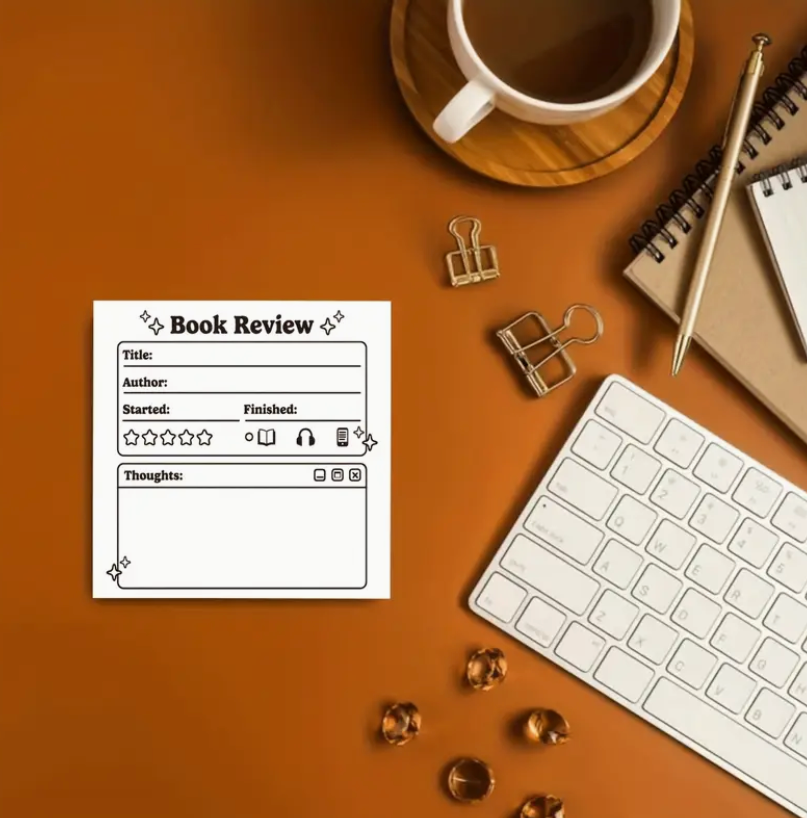 A 100-sheet self-adhesive Book Review Notepad designed for tracking book title, author, start and end dates, personal thoughts, quotes, and detailed ratings for overall impression, plot, pacing, characters, ending, and writing style.