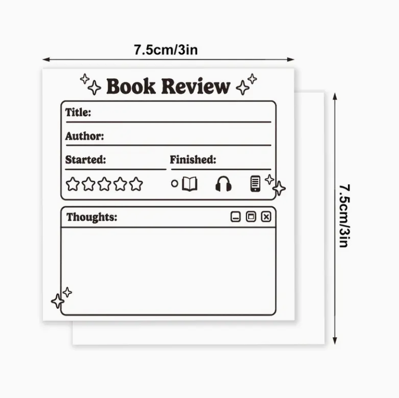 A 100-sheet self-adhesive Book Review Notepad designed for tracking book title, author, start and end dates, personal thoughts, quotes, and detailed ratings for overall impression, plot, pacing, characters, ending, and writing style.