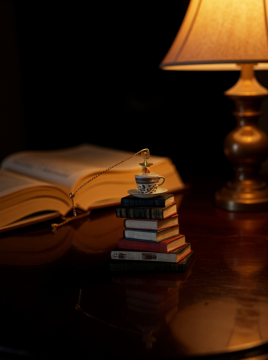 Stack of books with a teacup figurine on a table next to an open book and lamp.