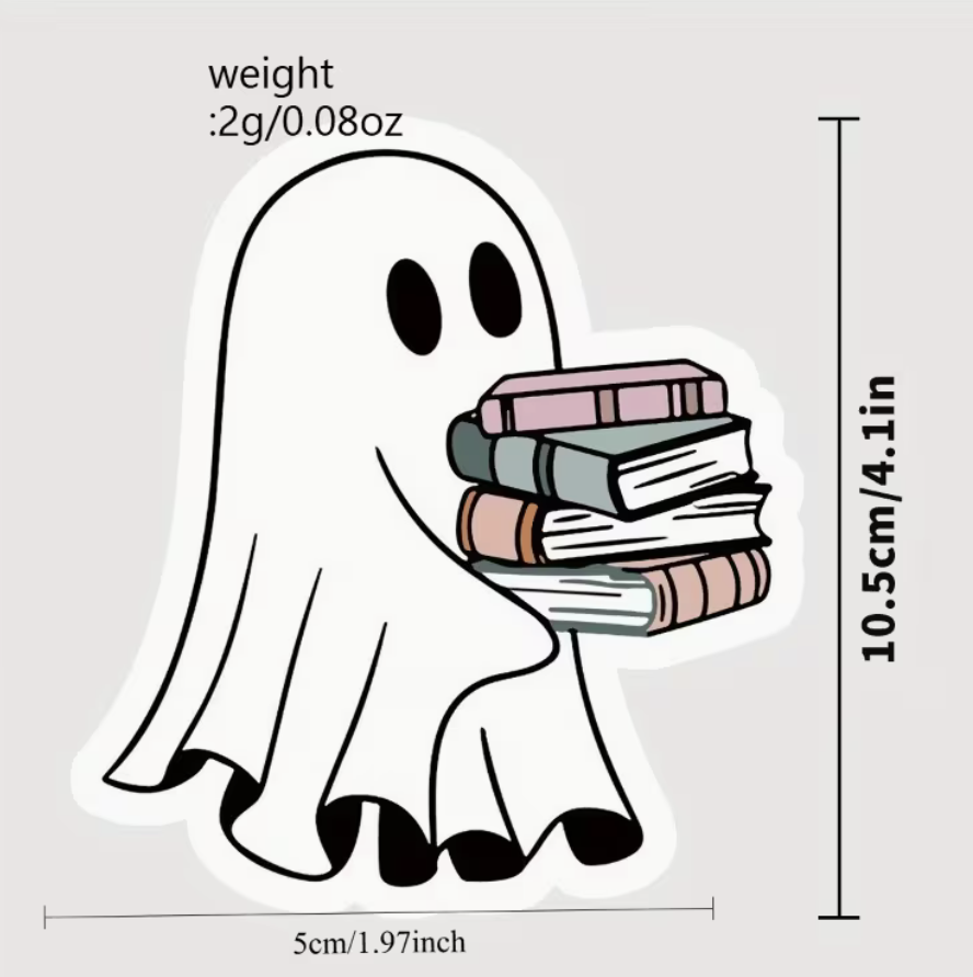 A cartoon ghost sticker holding a stack of books, shown with printed dimensions and weight text on a light gray background.