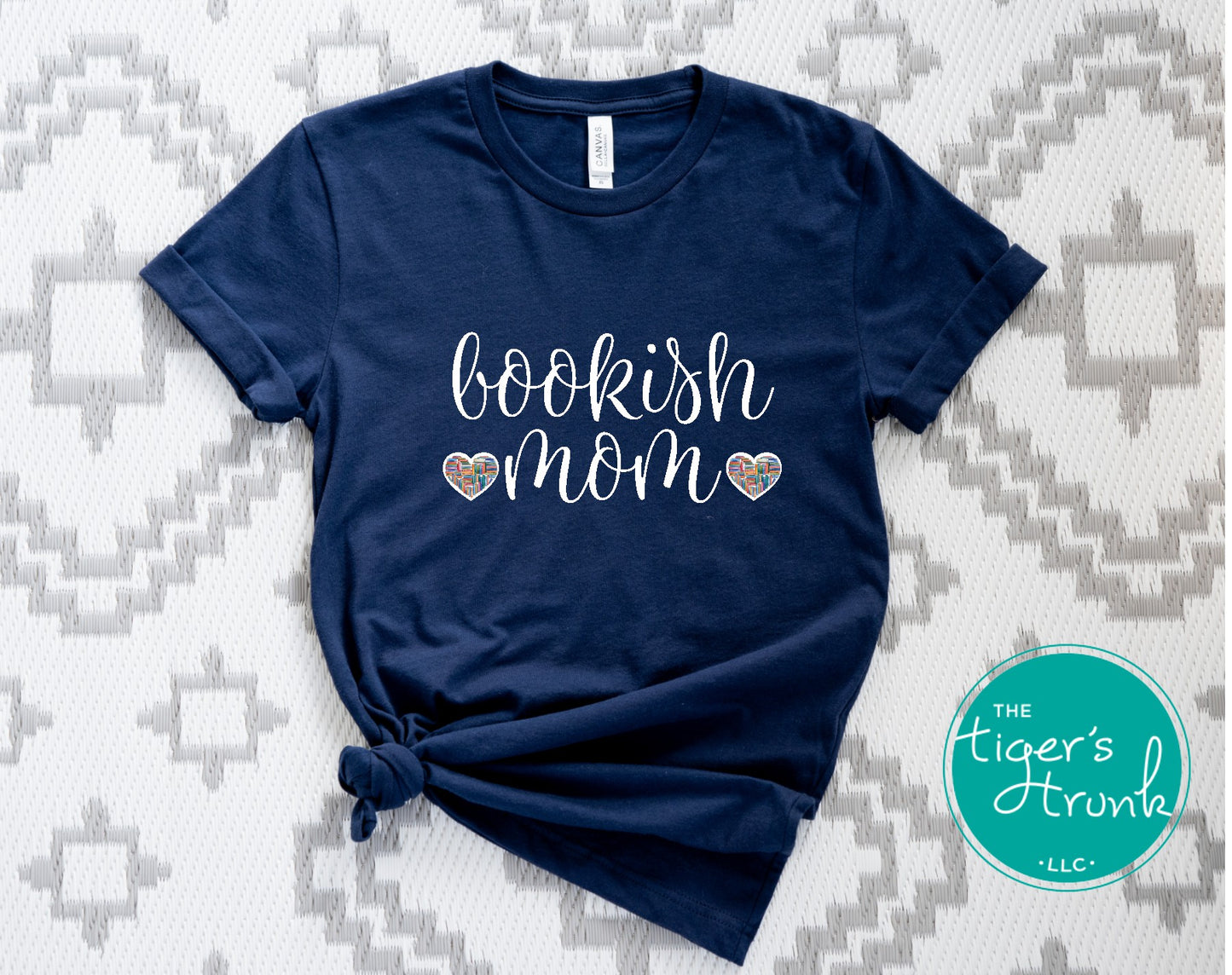 T-shirt that says "Bookish Mom," soft and simple design perfect for moms who love to read