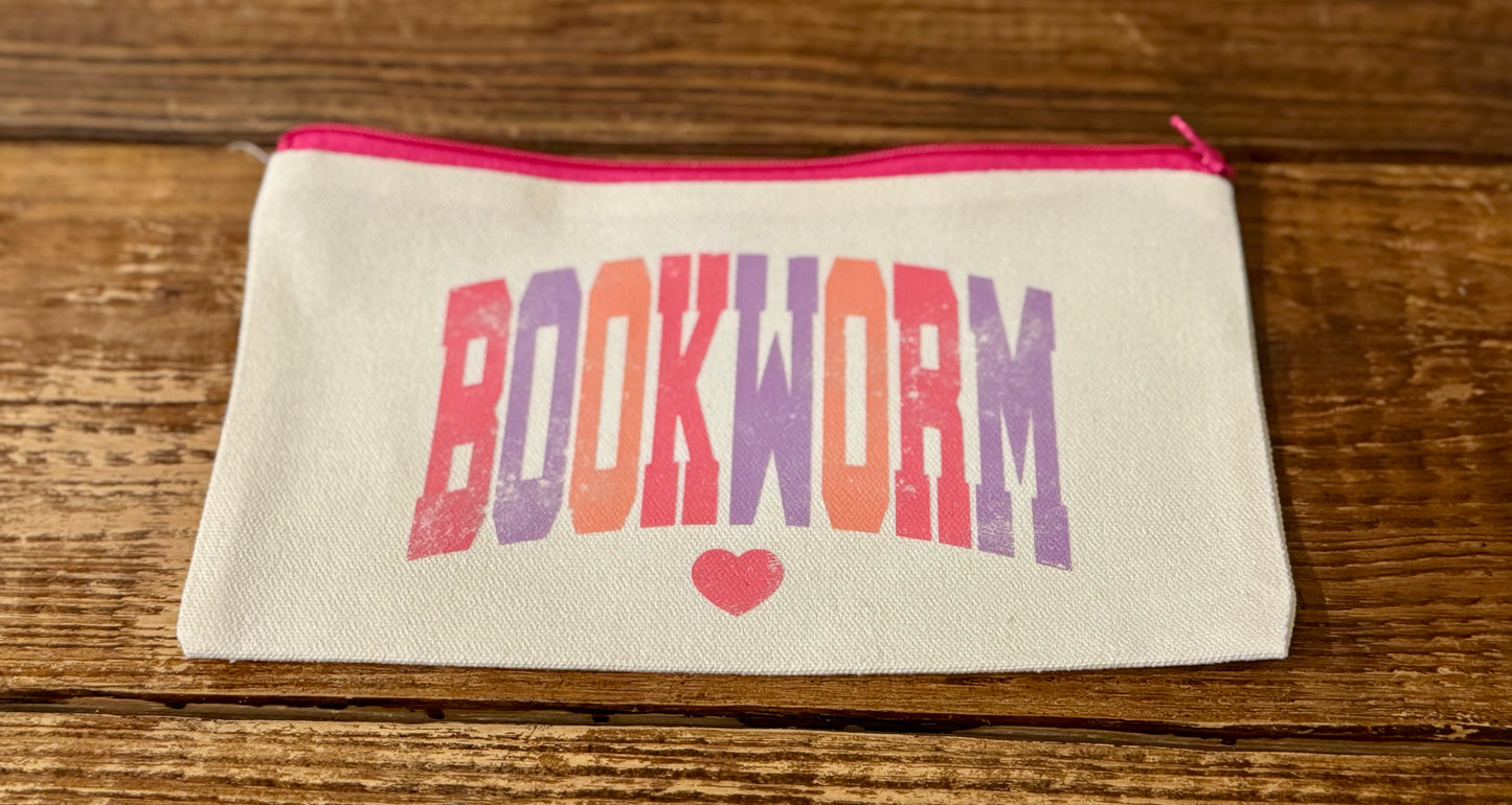5"x8" zippered carry-all bag featuring the word Bookworm, perfect for book lovers to store reading accessories, small essentials, or everyday items.