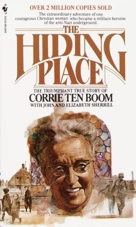 Book cover of 'The Hiding Place' by Corrie Ten Boom with a portrait of the author and text about the book's sales and themes.