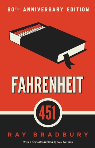 Cover of Fahrenheit 451 by Ray Bradbury, classic dystopian novel about censorship and book burning.