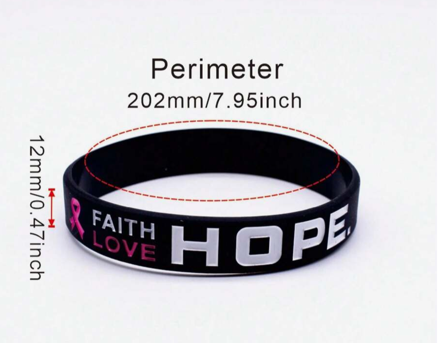 Black wristband with 'Faith Love Hope' text and measurements on a white background