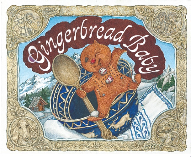 Gingerbread Baby illustration with a spoon, set against a snowy landscape with a gold border.