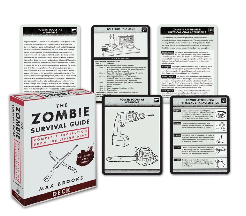Pre-wrapped gift set including The Zombie Survival Guide book by Max Brooks, zombie-themed card game, and a zombie bookmark
