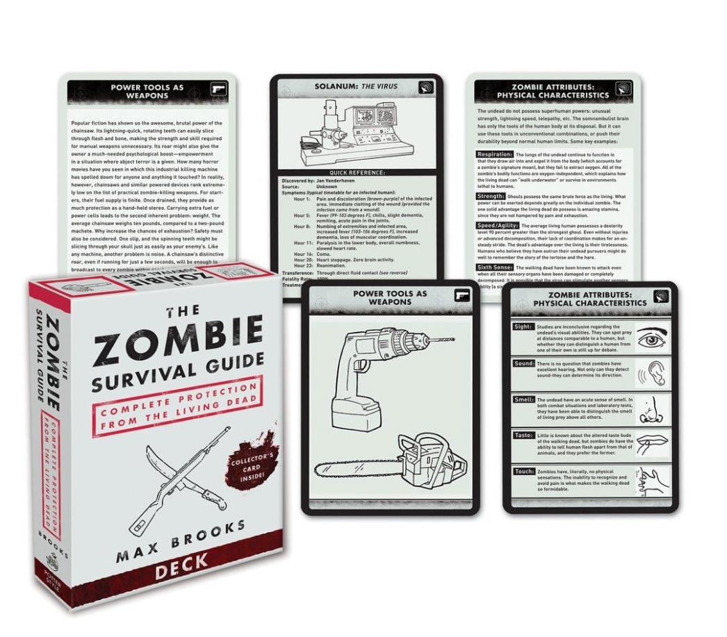Pre-wrapped gift set including The Zombie Survival Guide book by Max Brooks, zombie-themed card game, and a zombie bookmark