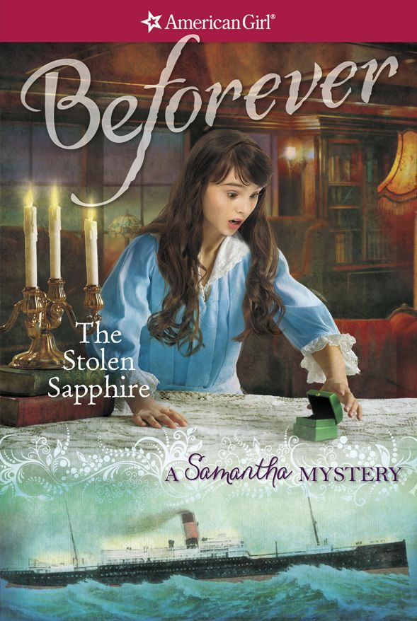 Cover of The Stolen Sapphire: A Samantha Mystery featuring Samantha and her friend in a vintage, elegant setting with a sapphire necklace.