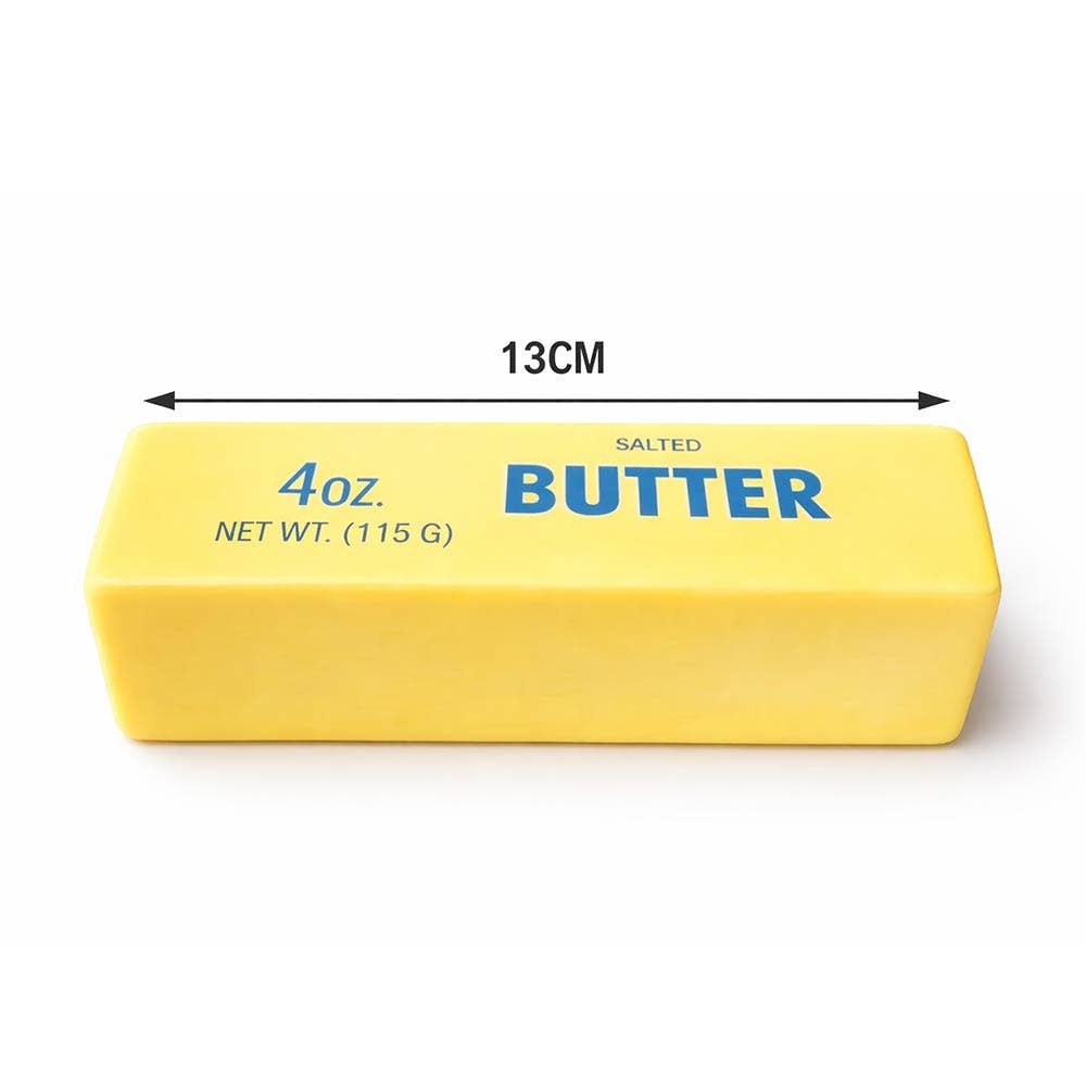 Butter squishy toy with size dimensions shown above product