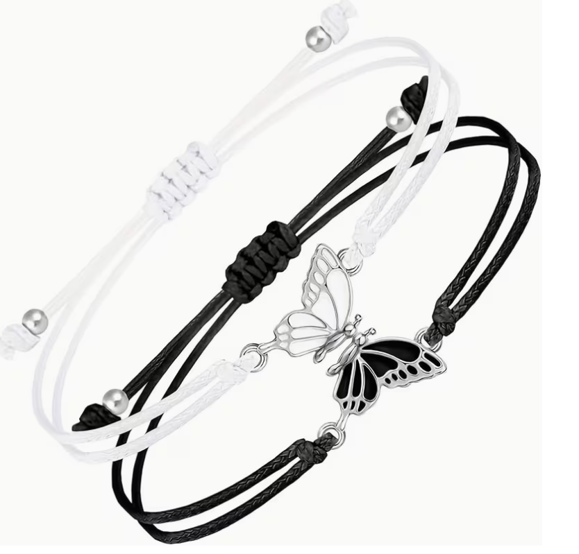 Black and white adjustable cord butterfly bracelets with silver-tone butterfly charms