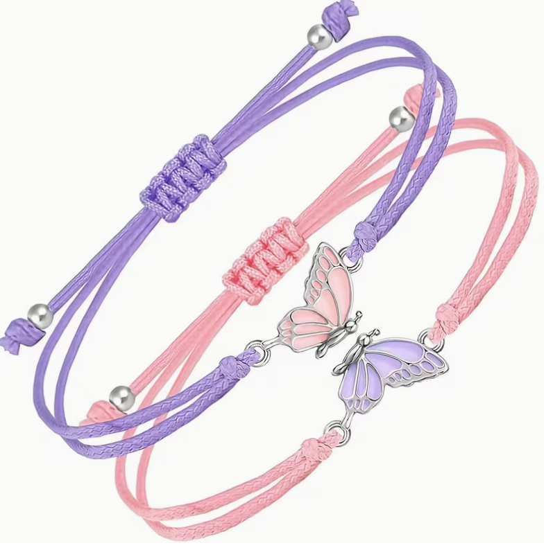 Pink and purple adjustable cord butterfly bracelets with matching colorful silver-tone butterfly charms