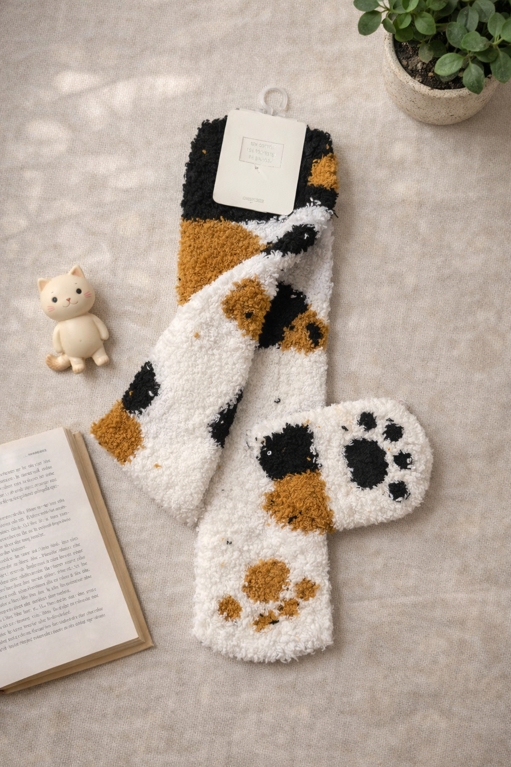 Flat lay of black, orange, and white calico-style fuzzy cat paw socks with paw pad details and claw toe markings, styled with an open book, small cat figurine, and potted plant on a neutral fabric background.