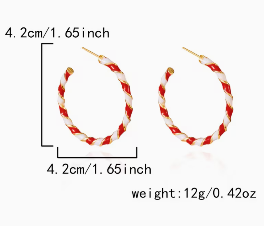 Red and white candy cane–style hoop earrings shown with size measurements.