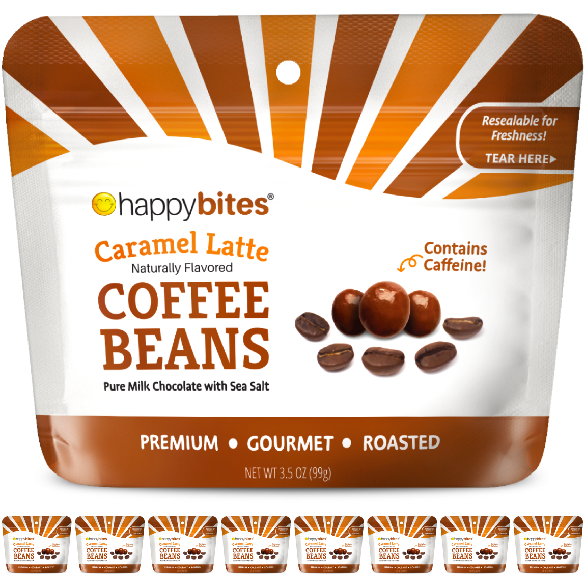 Happy Bites Caramel Latte Beans, a 3.5 oz pack of premium coffee beans coated in creamy caramel latte flavor.