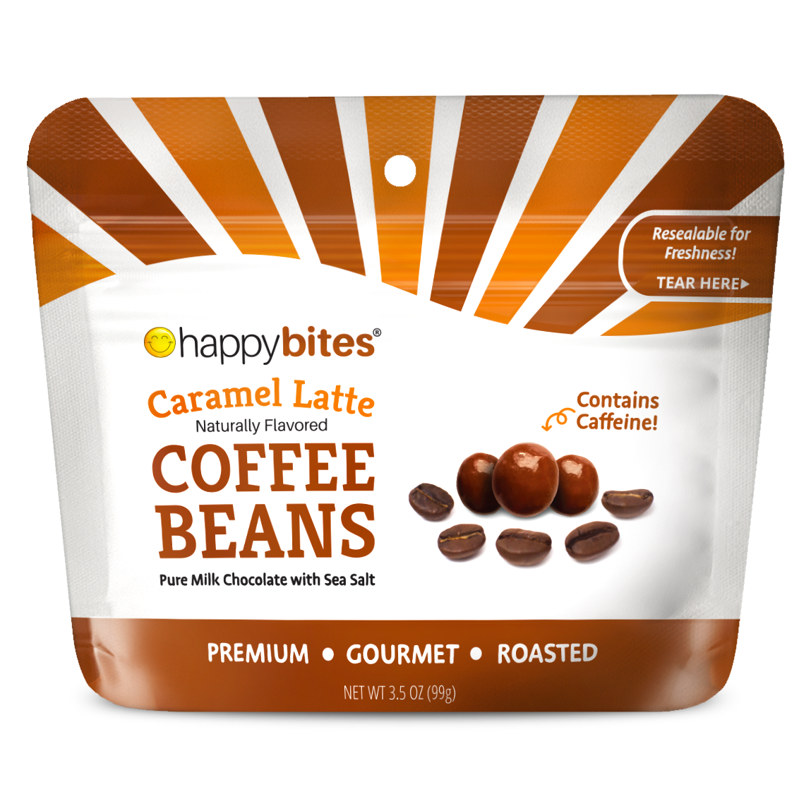 Happy Bites Caramel Latte Beans, a 3.5 oz pack of premium coffee beans coated in creamy caramel latte flavor.