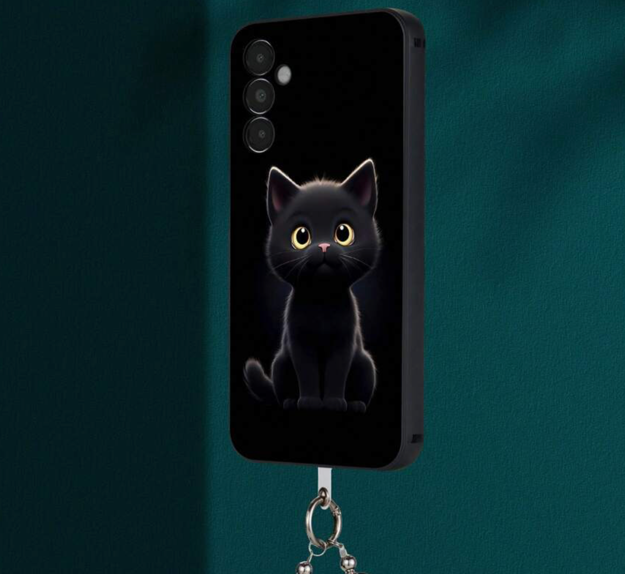 Phone case with a black cat design on a dark background