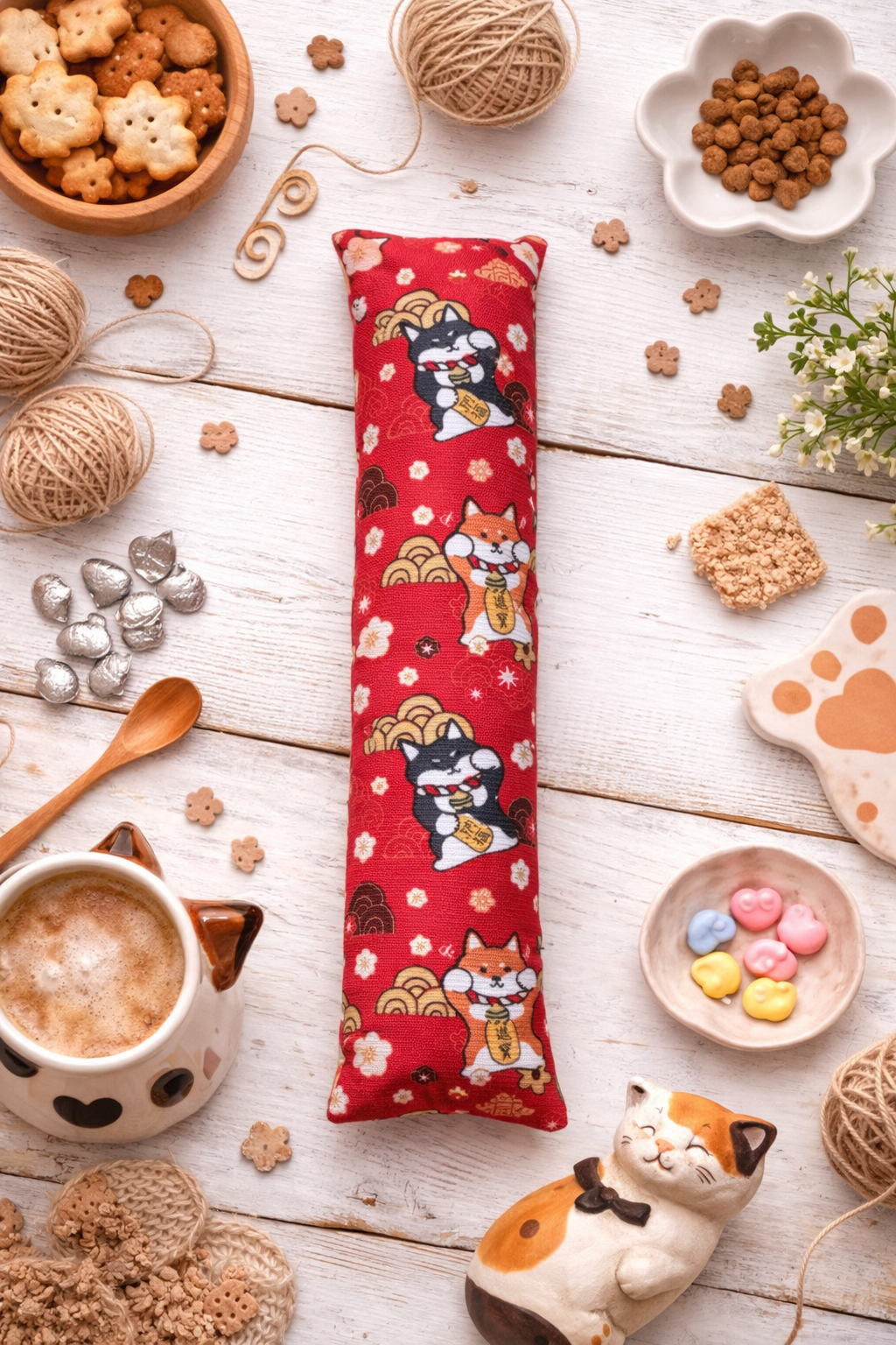 Fabric cat chew toy pillow with red lucky cat pattern in decorative flatlay with cat-themed items