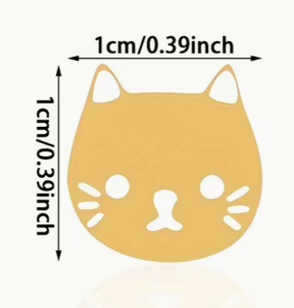 Size reference graphic showing dimensions of stainless steel cat face stud earrings measuring approximately 1 centimeter wide and tall
