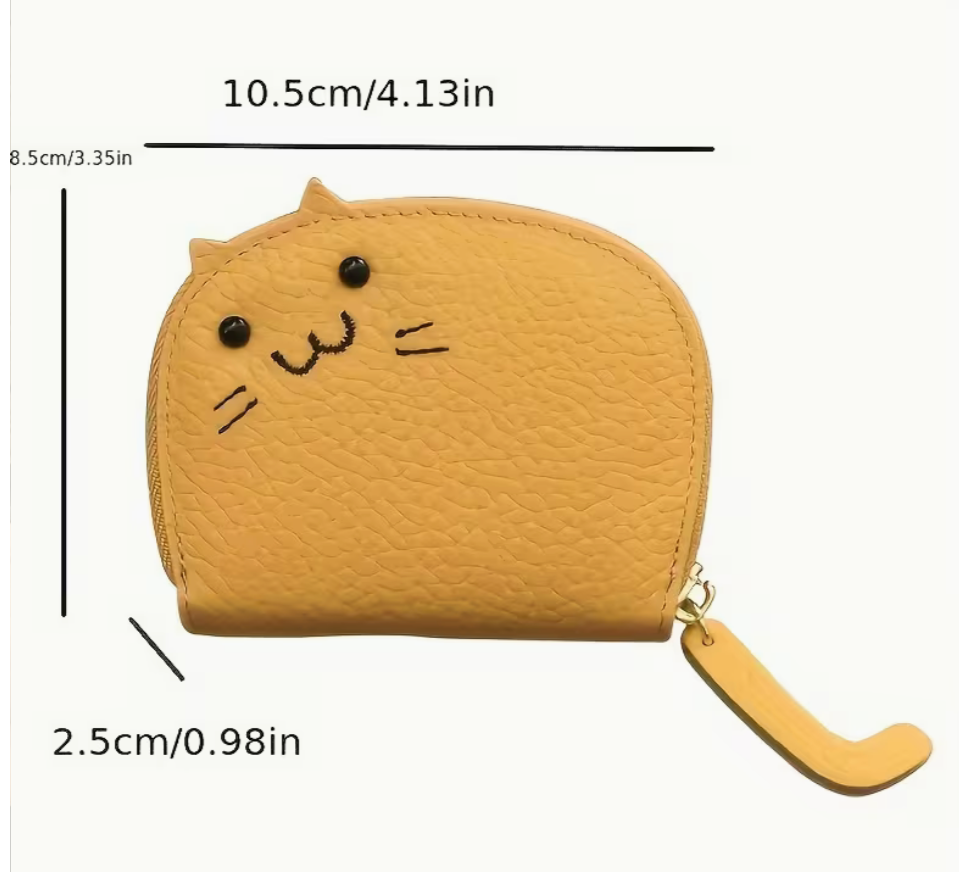 Yellow faux leather cat-shaped wallet with size measurements labeled