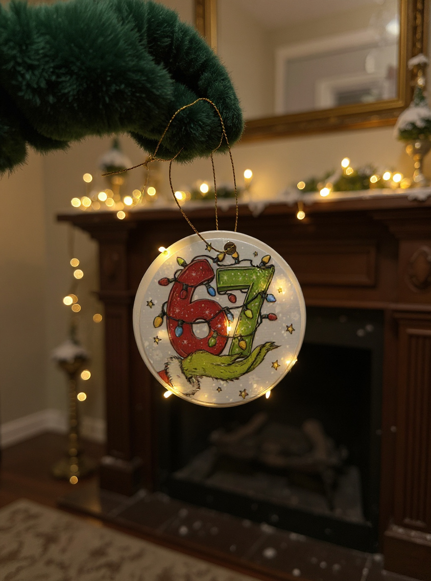 Ceramic ornament showing festive red and green numbers decorated with Christmas lights and a fuzzy green detail