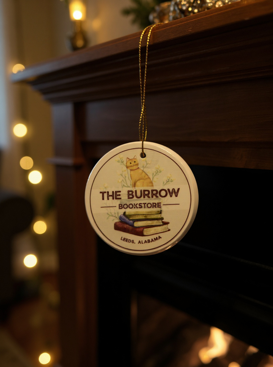 Ceramic ornament with The Burrow Bookstore logo featuring a golden cat and stacked books hanging on a fireplace mantel